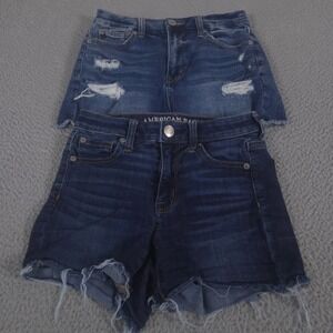 LOT OF 2 American Eagle Shorts Women Size 0 Blue Curvy Hi-Rise Shortie Jorts